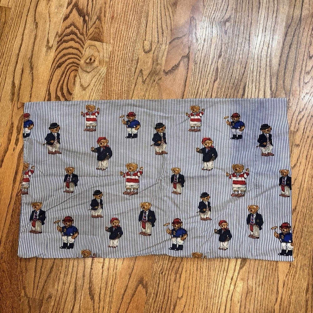 Ralph Lauren Home Polo Bear Pillowcase Blue Stripe Cotton USA Made Standard